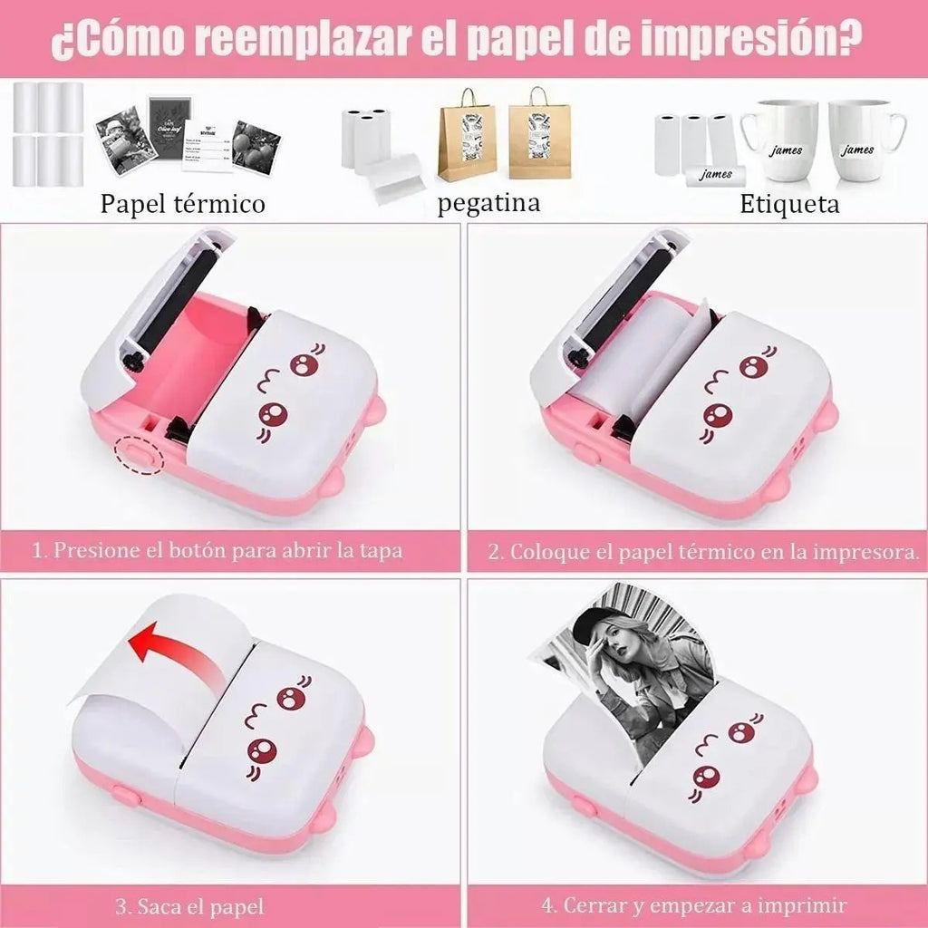 Mini Impresora Térmica Gatita con Bluetooth y 11 Rollos