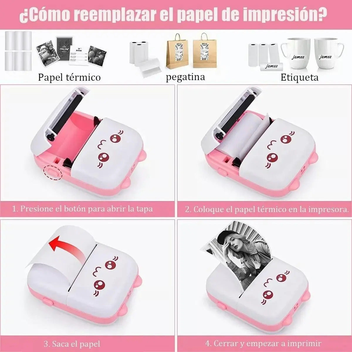 Mini Impresora Térmica Gatita con Bluetooth y 11 Rollos