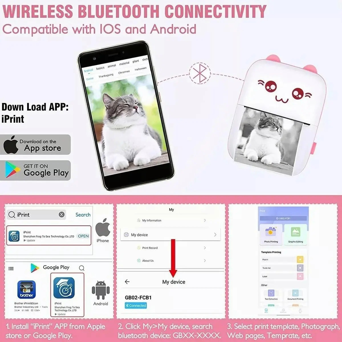 Mini Impresora Térmica Gatita con Bluetooth y 11 Rollos
