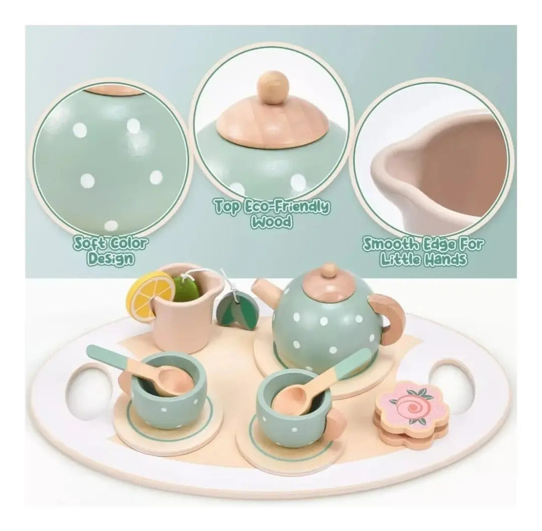 Set de Té de Madera de Juguete con Bandeja