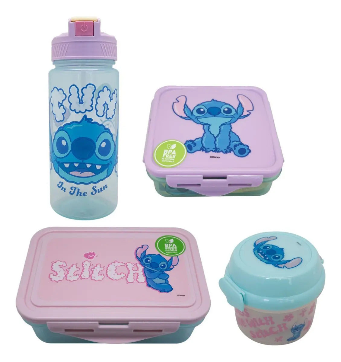 Set Stitch de 4 Piezas · Botella, 2 Herméticos y Porta Snack