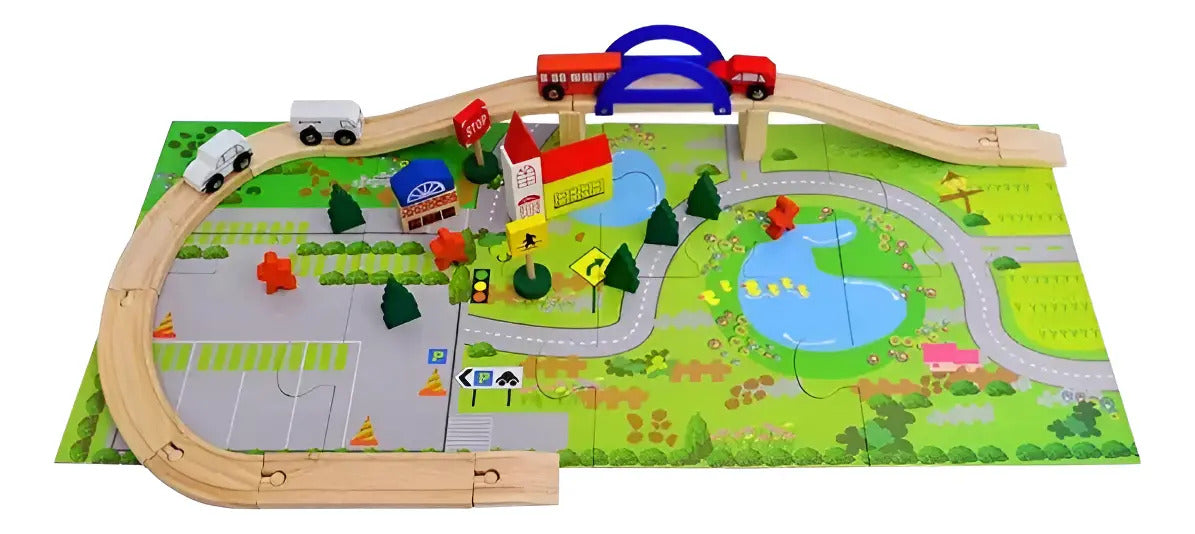 Ciudad de Madera con Pista de Autos y Puente