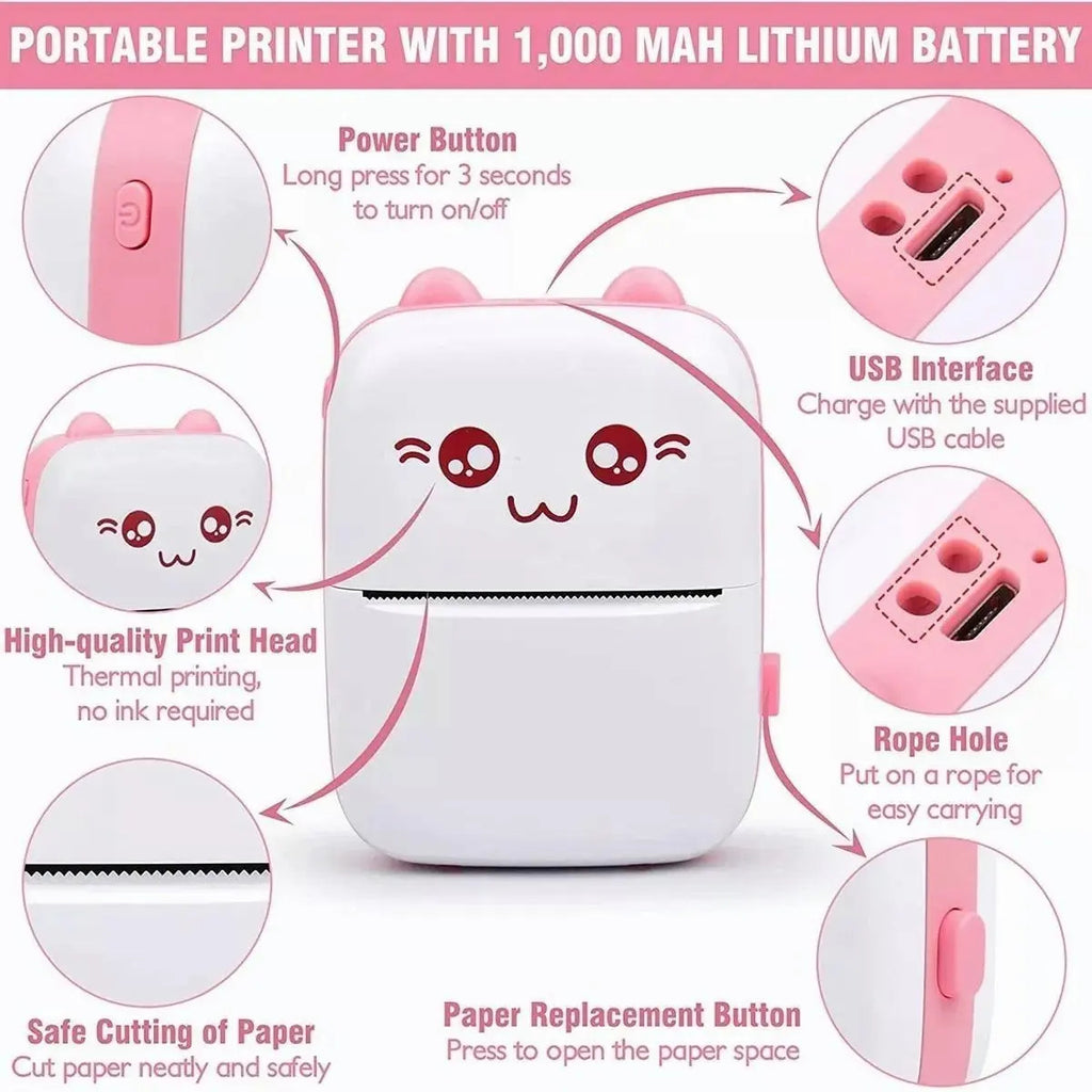 Mini Impresora Térmica Gatita con Bluetooth y 11 Rollos