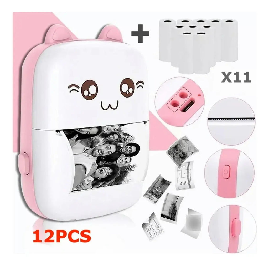 Mini Impresora Térmica Gatita con Bluetooth y 11 Rollos