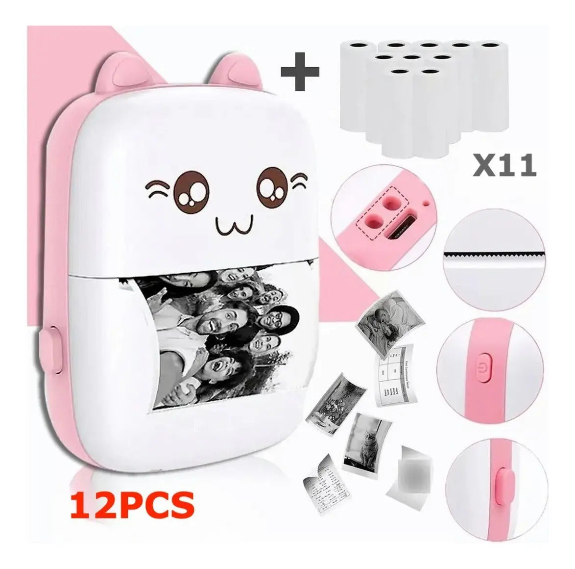 Mini Impresora Térmica Gatita con Bluetooth y 11 Rollos