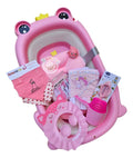 Bañera rosa con accesorios