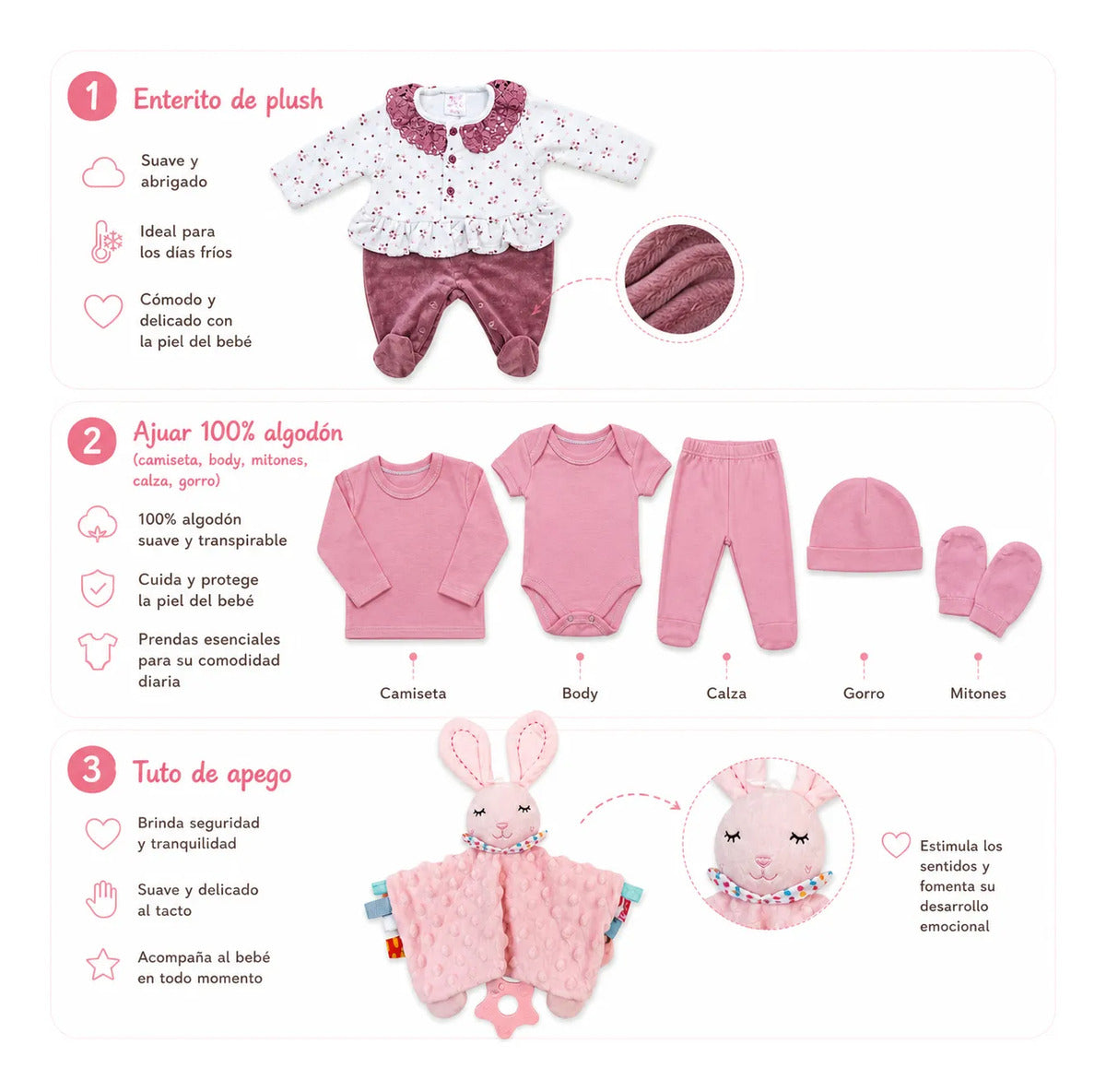 Set de Enterito de Plush, Ajuar y Tuto para Bebé · 0 a 3 Meses
