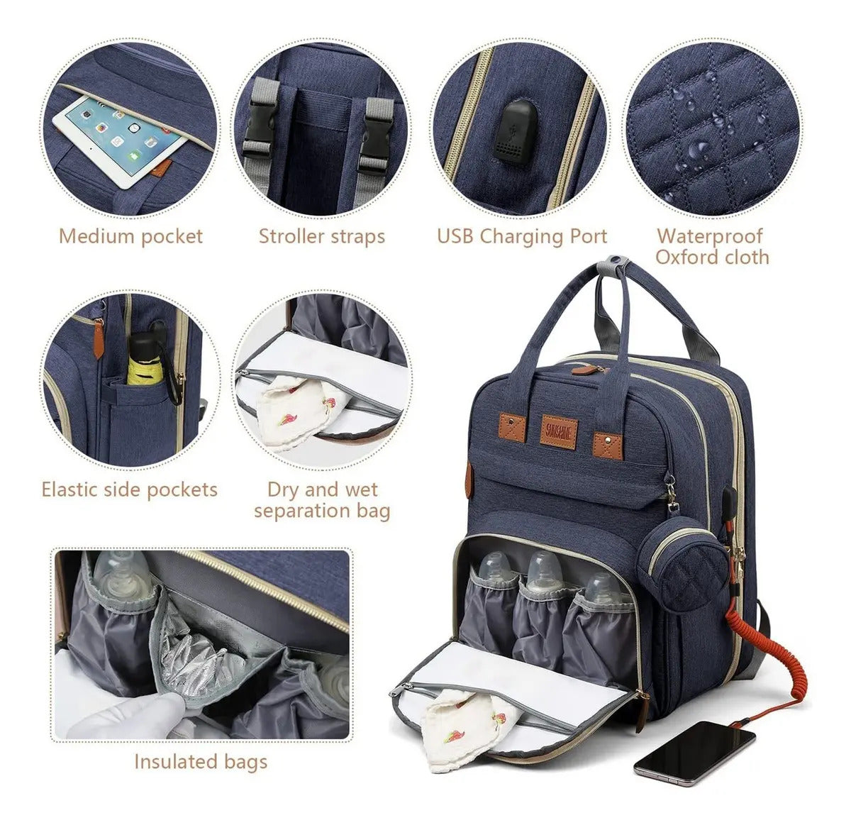 Mochila Pañalera con Mudador Desplegable y Puerto USB