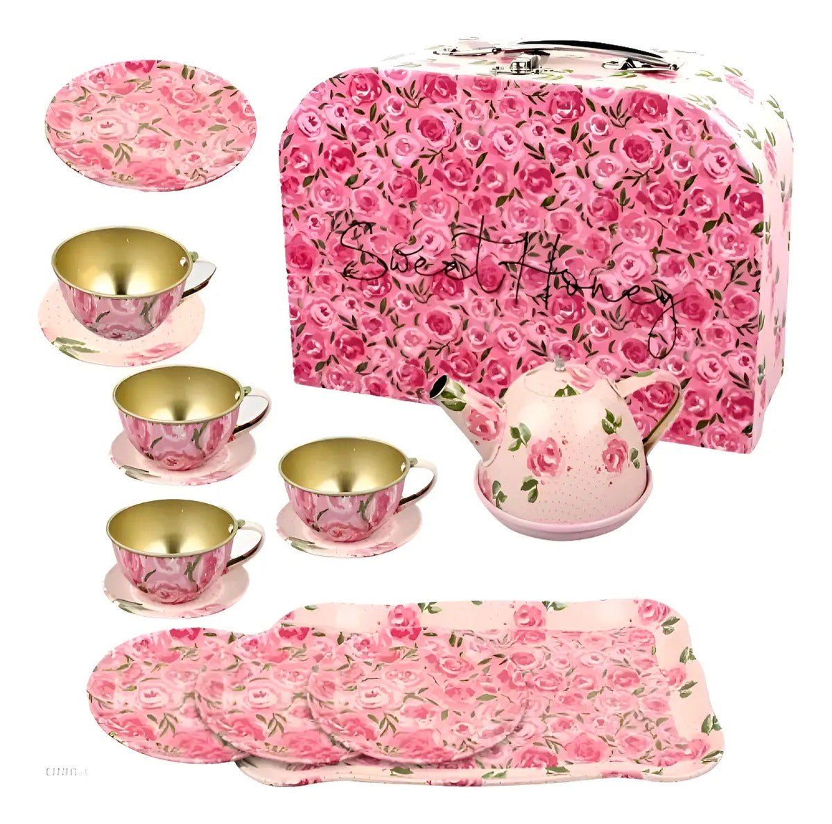 Set de té de juguete con flores y caja