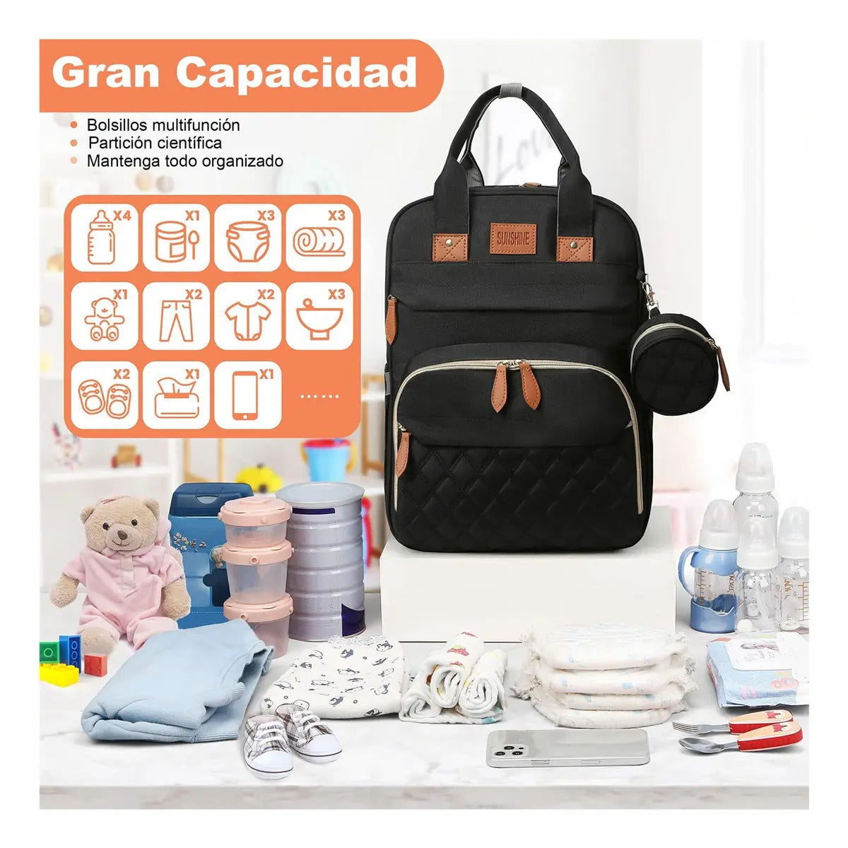 Mochila Pañalera con Mudador Desplegable y Puerto USB