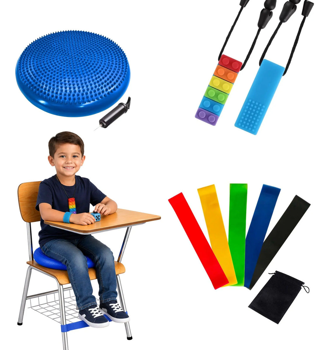 Kit Sensorial Escolar, Cojin + Banda + Mordedor Autismo