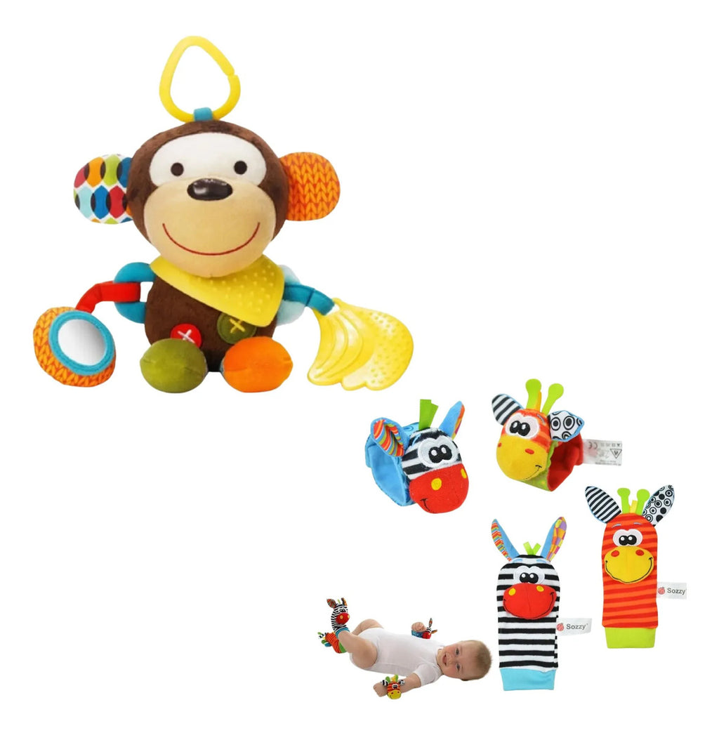 Kit Peluche Sensorial + Brazaletes + Calcetines Sonajer Bebe