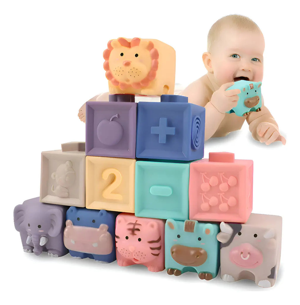 Set 12 Bloques Sensorial Y Cubo Mordedor Silicona Bebé +3m