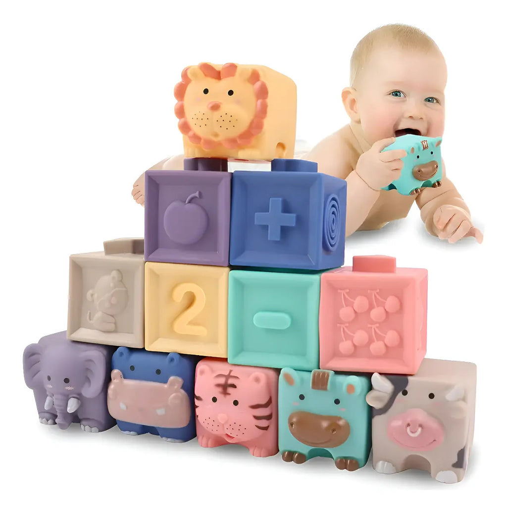 Set 12 Bloques Sensorial Y Cubo Mordedor Silicona Bebé +3m