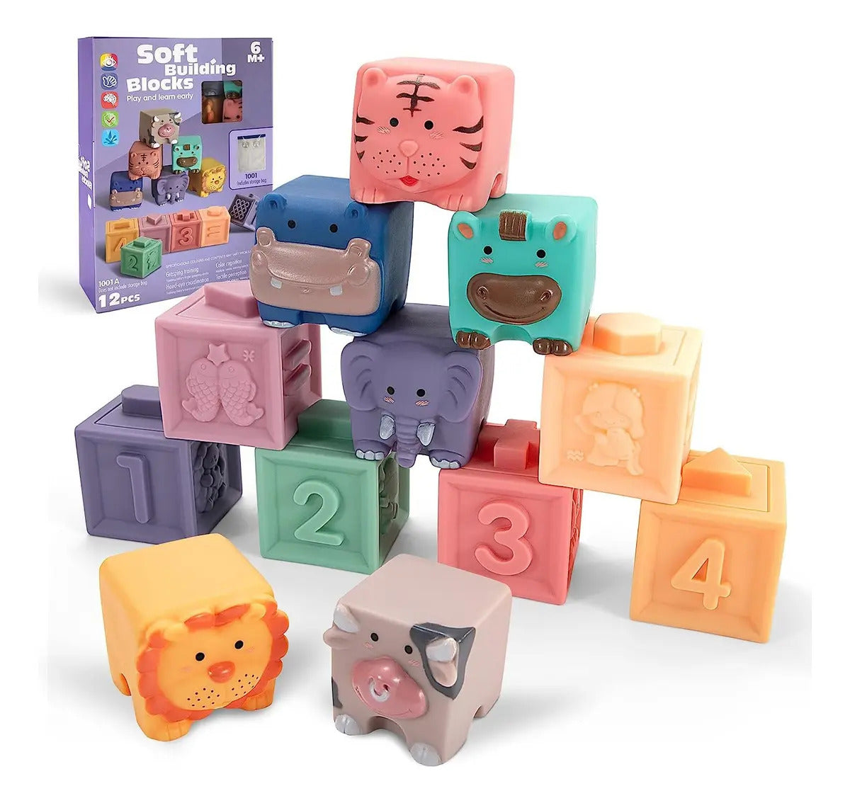 Set 12 Bloques Sensorial Y Cubo Mordedor Silicona Bebé +3m