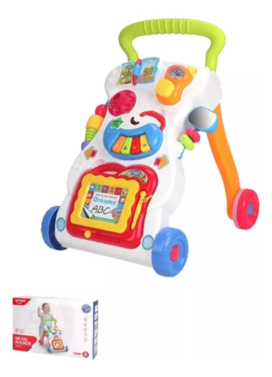 Caminador musical blanco con mango verde, piano, teléfono y pizarra
