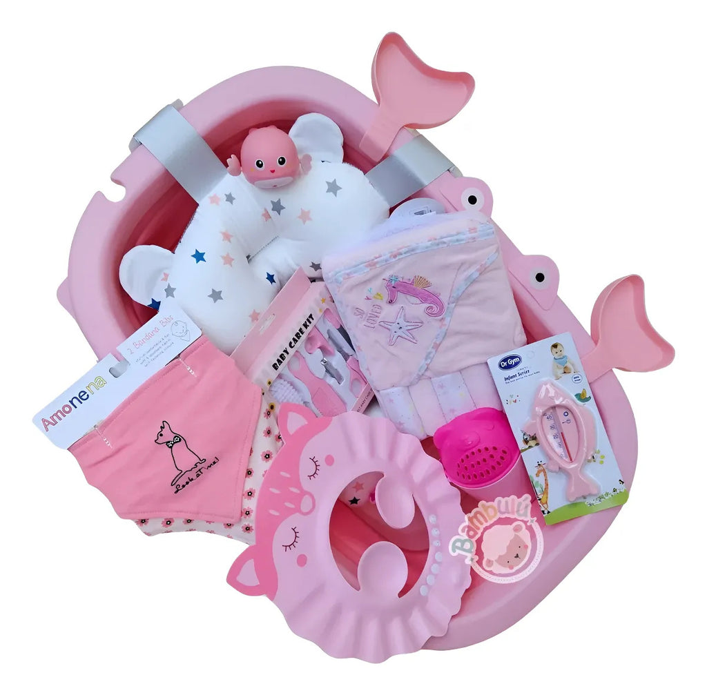 Bañera plegable con accesorios, presentación rosa del catálogo de origen