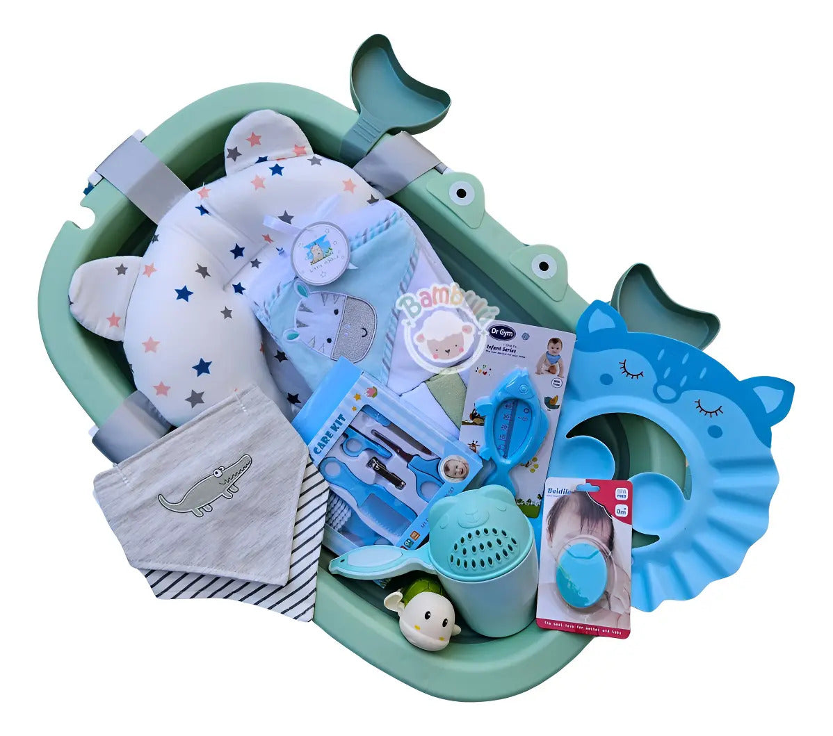Bañera plegable con accesorios, presentación verde claro del catálogo de origen