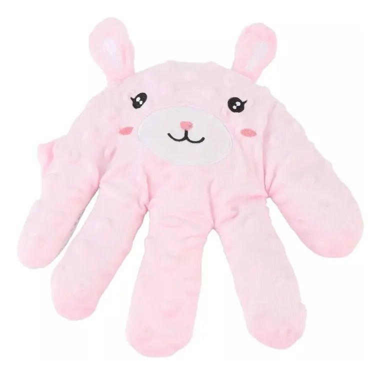 Peluche en forma de mano rosa con diseño de conejo
