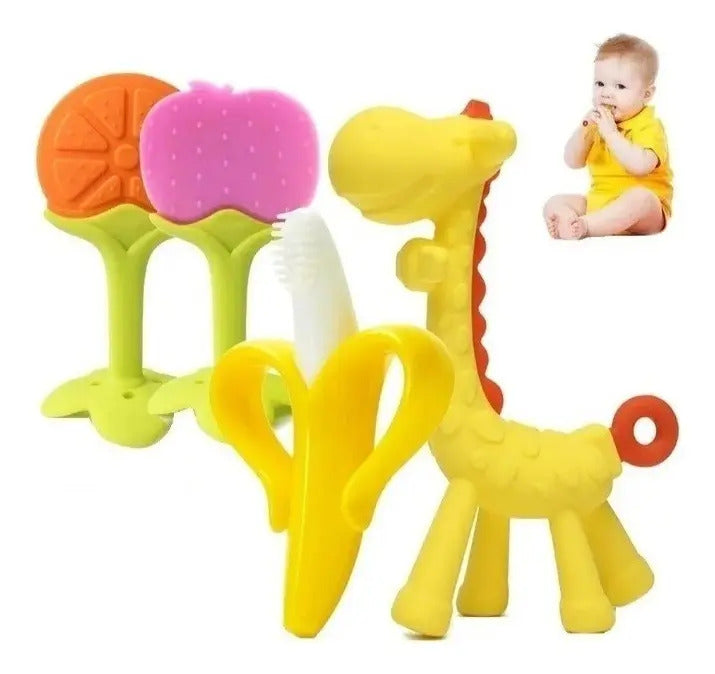 Pack de 4 Mordedores de Silicona · Frutas y Jirafa
