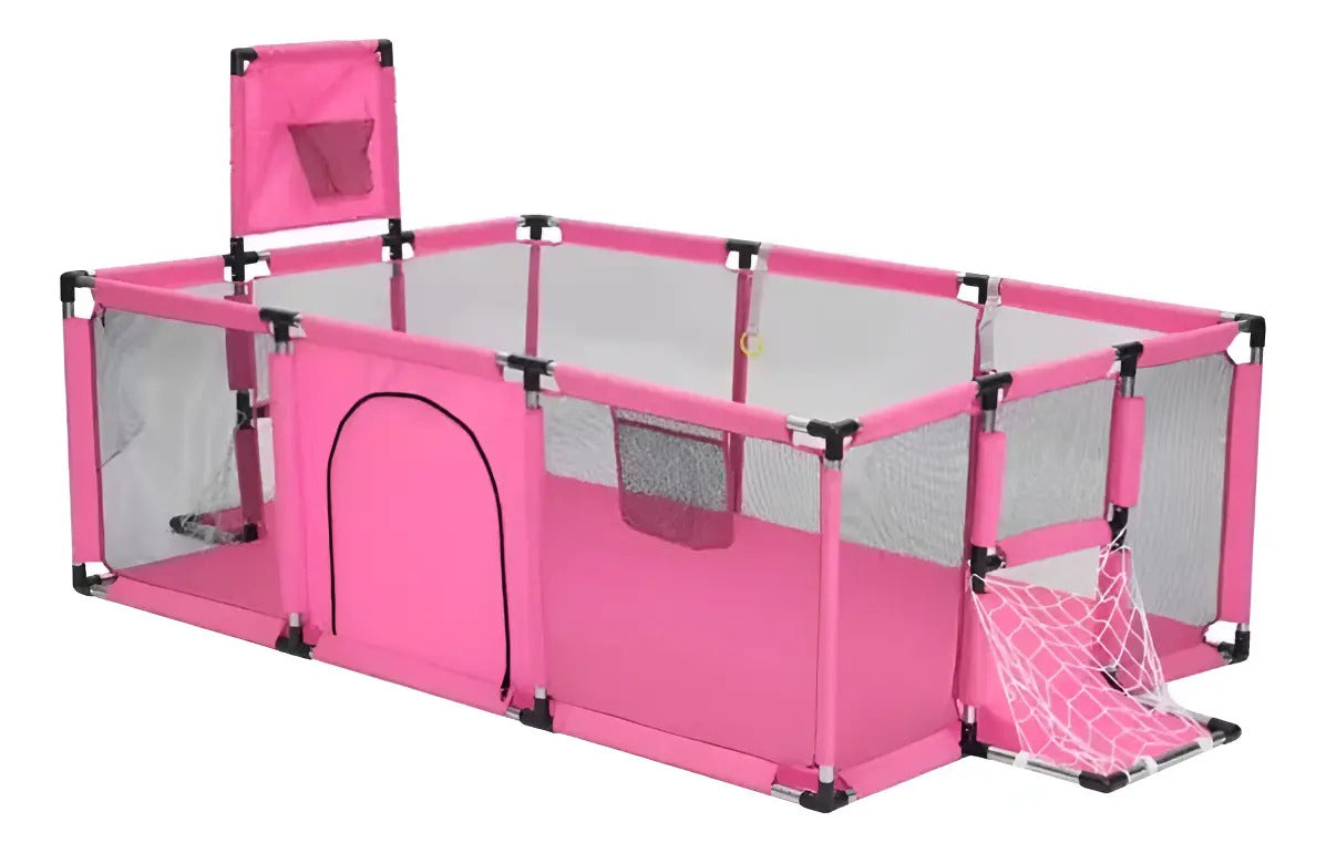 Corral Seguridad Bebes Con Aro Y Portería 180cm + Pelotas: Color: Rosa chicle; Diseño de la tela: Corral