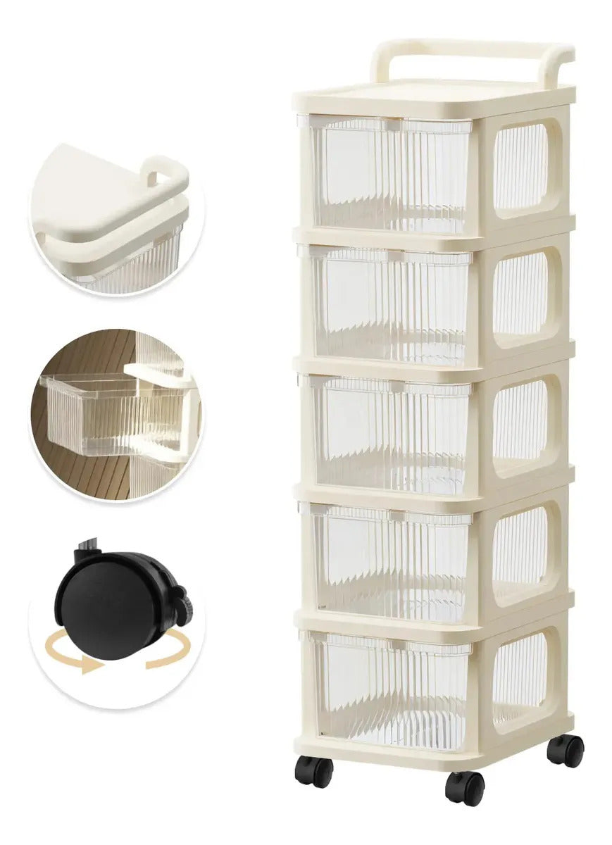 Carrito organizador beige de cinco cajones con ruedas
