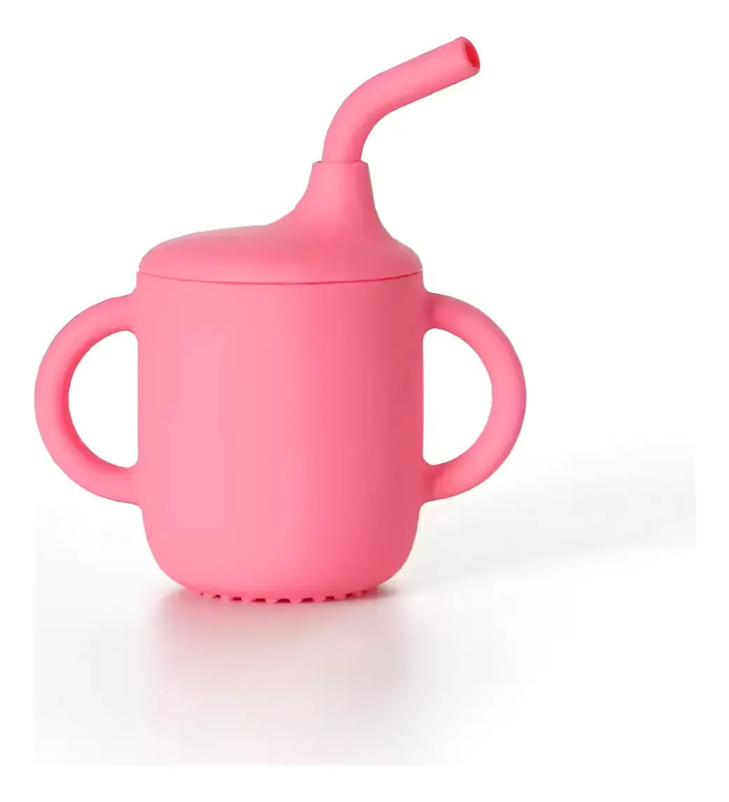 Vaso de silicona con bombilla y asas rosa chicle