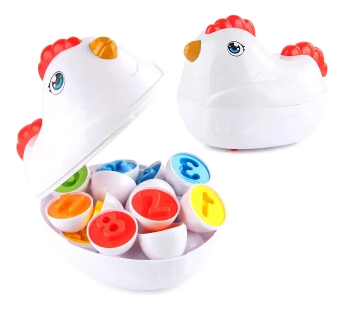 Juego gallina con huevos de encaje de colores