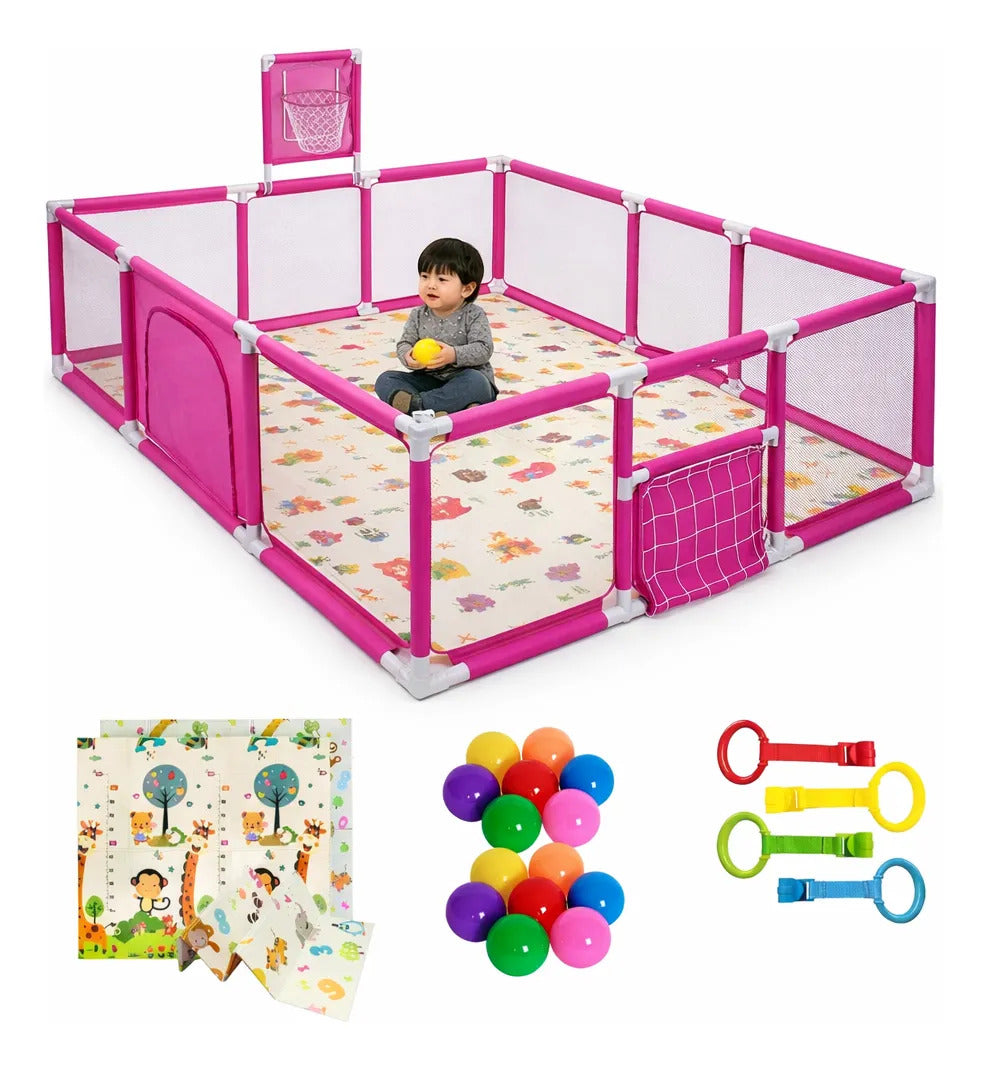 Corral con alfombra, treinta pelotas y cuatro anillos rosa