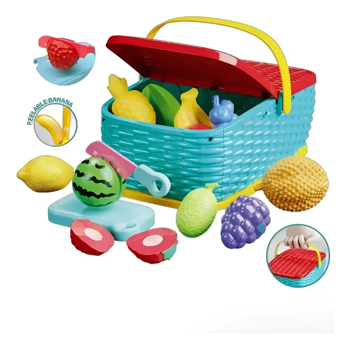 Canasto con frutas de juguete para cortar