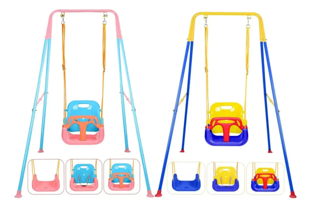 Columpio infantil tres en uno con estructura azul amarillo y rojo