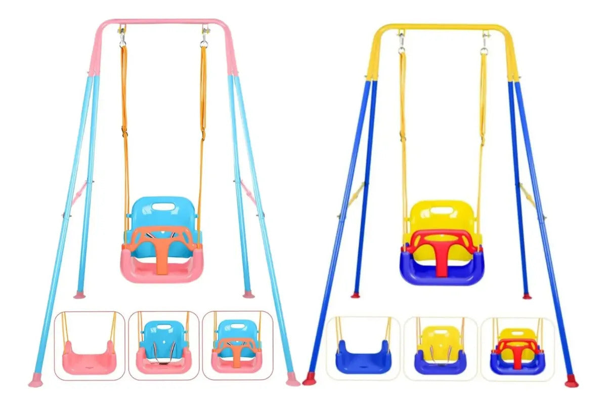 Columpio infantil tres en uno con estructura rosa y calipso