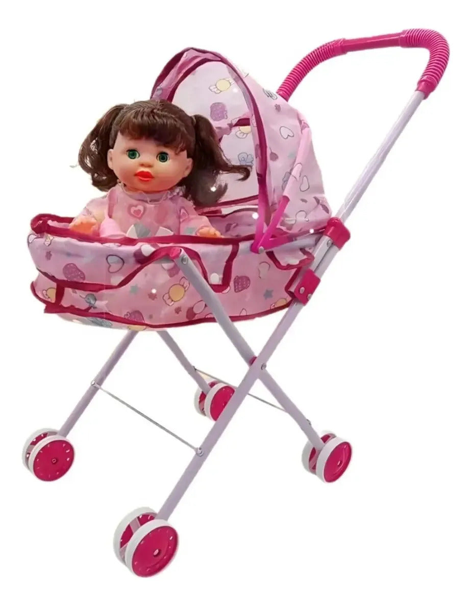 Coche cuna de juguete rosado con muñeca incluida