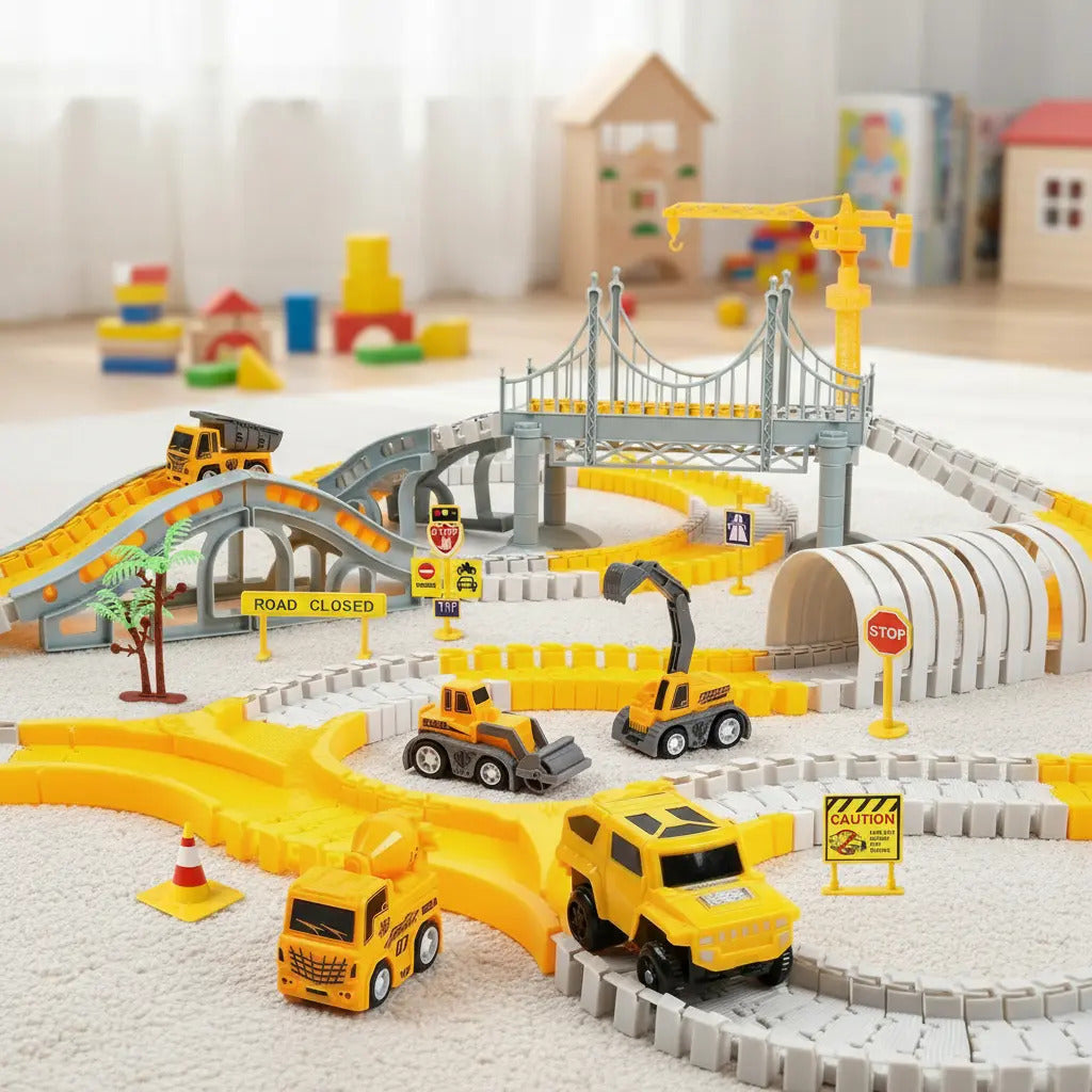Pista de construcción de juguete con vehículos y accesorios