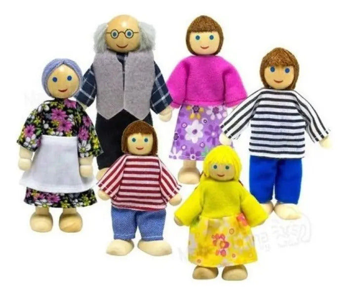 Familia de seis muñecos de madera y tela para casa de muñecas