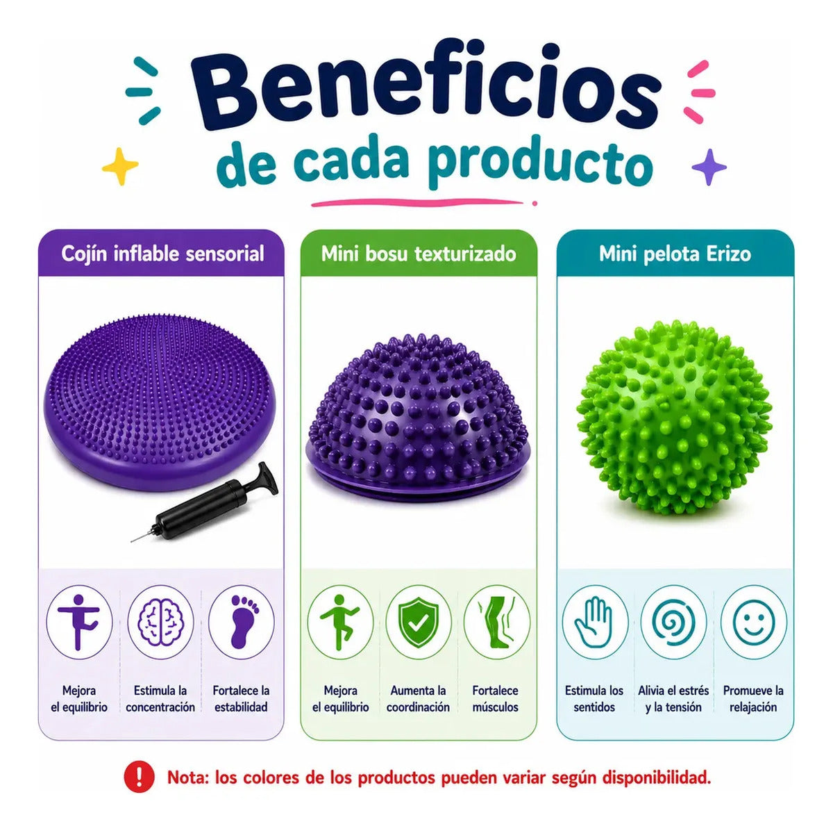 Kit Sensorial Cojin + Mini Bosu + Pelota Erizo, Tea, Tdah