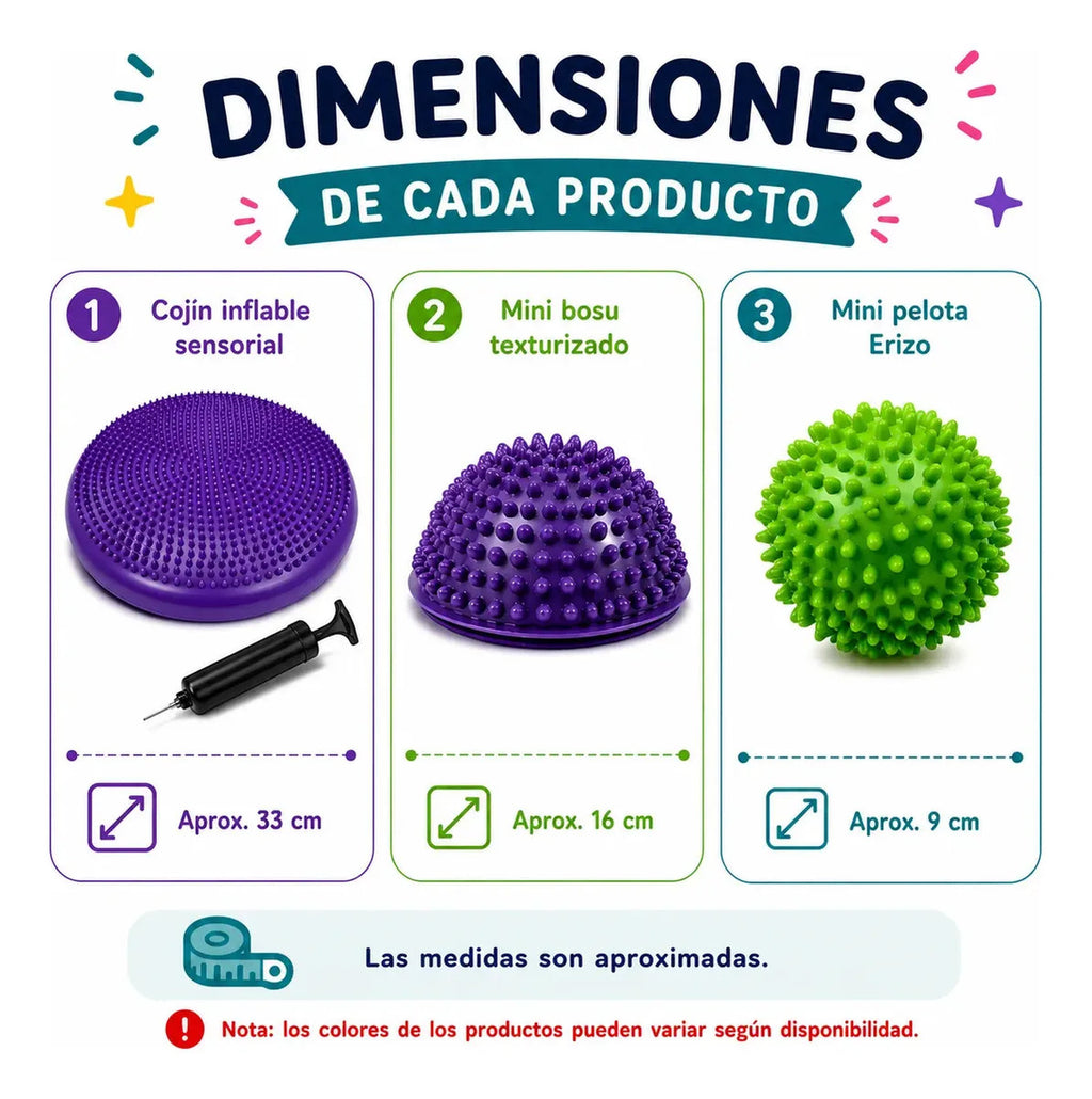 Kit Sensorial Cojin + Mini Bosu + Pelota Erizo, Tea, Tdah
