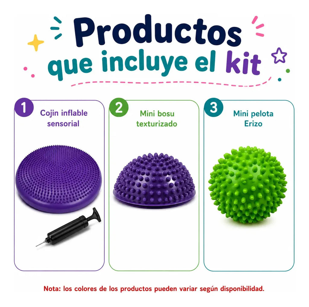 Kit Sensorial Cojin + Mini Bosu + Pelota Erizo, Tea, Tdah