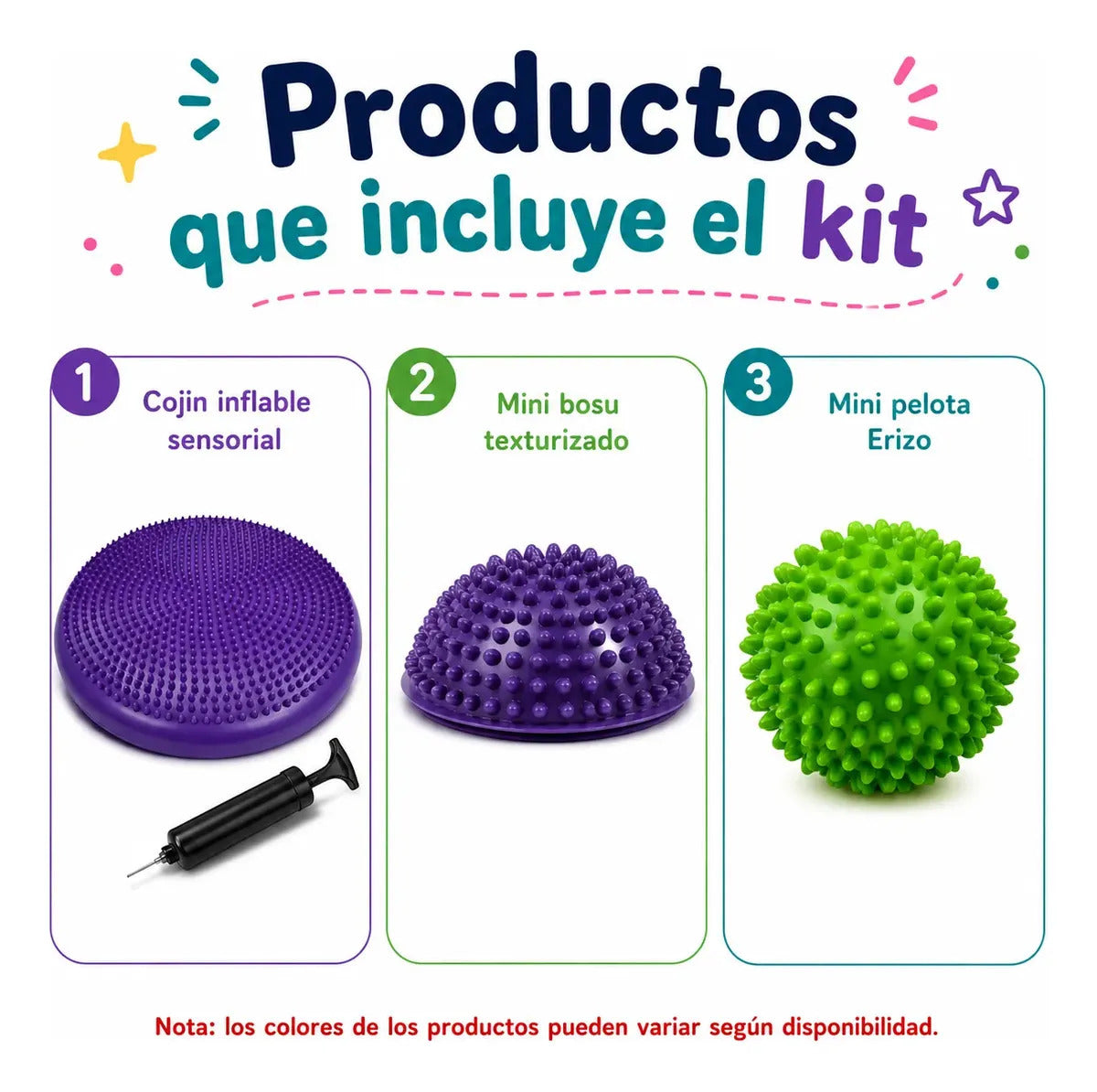 Kit Sensorial Cojin + Mini Bosu + Pelota Erizo, Tea, Tdah