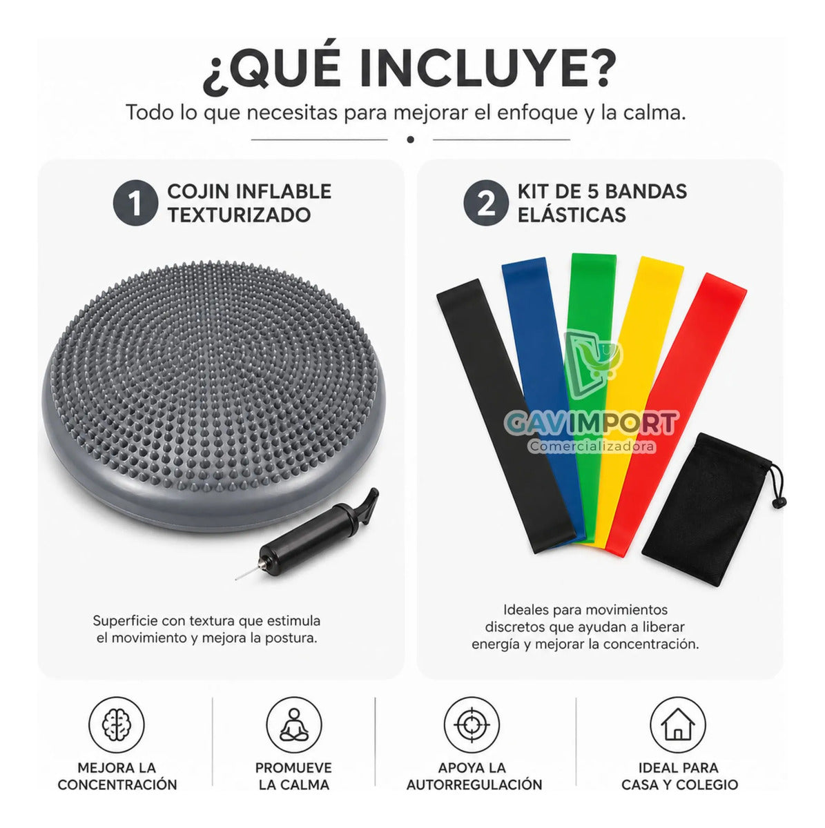 Kit Cojin Sensorial + Set 5 Bandas, Regulacion Autismo Tdah