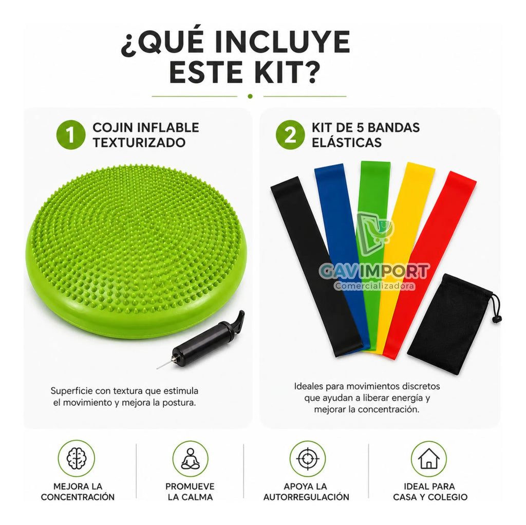 Kit Cojin Sensorial + Set 5 Bandas, Regulacion Autismo Tdah