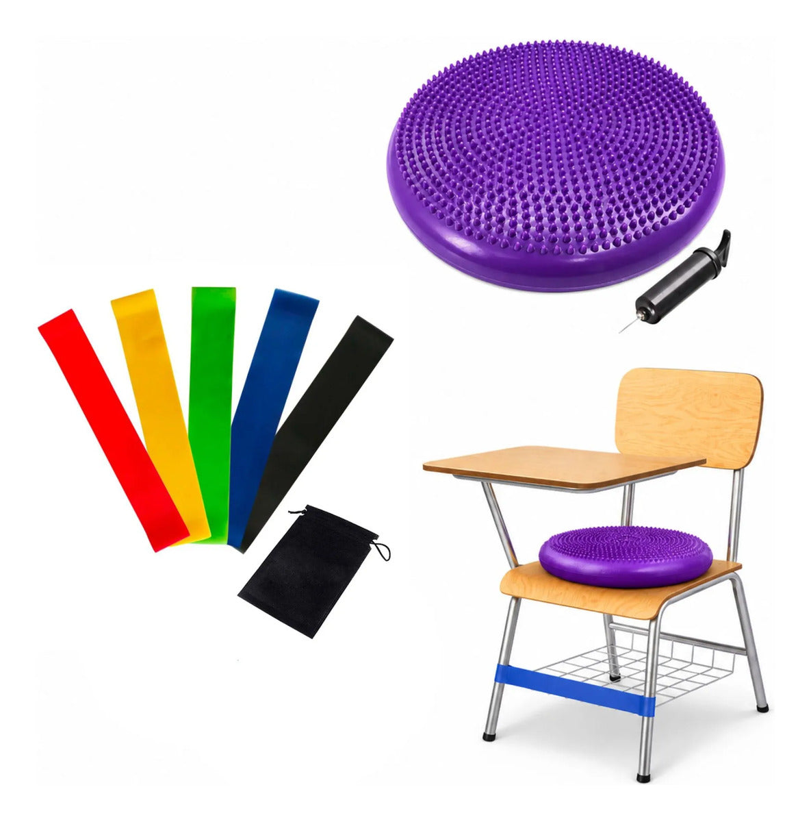 Kit Cojin Sensorial + Set 5 Bandas, Regulacion Autismo Tdah