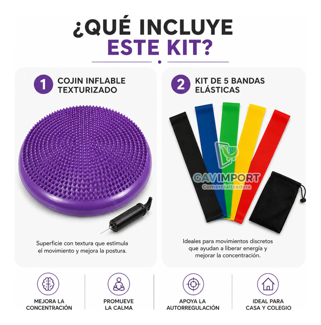 Kit Cojin Sensorial + Set 5 Bandas, Regulacion Autismo Tdah