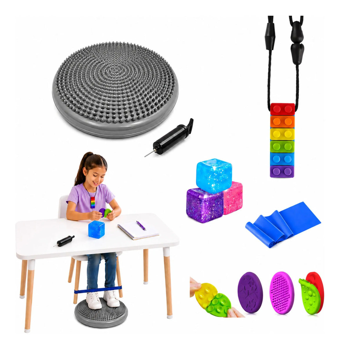 Kit Sensorial, Cojin, Cubo, Mordedor, Regulación Autismo