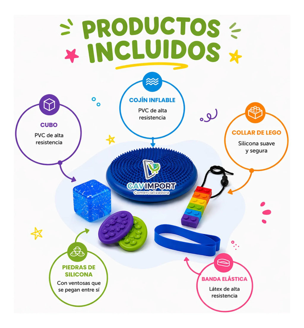 Kit Sensorial, Cojin, Cubo, Mordedor, Regulación Autismo